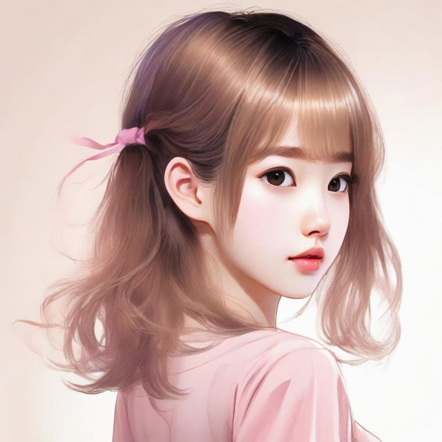 An Asian girl viewed from behind, but with her face turned towards the viewer. She has a petite face, large light brown eyes, a small nose, plump pink lips, and light brown, slightly wavy hair.