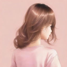 An Asian girl viewed from behind, but with her face turned towards the viewer. She has a petite face, large light brown eyes, a small nose, plump pink lips, and light brown, slightly wavy hair.