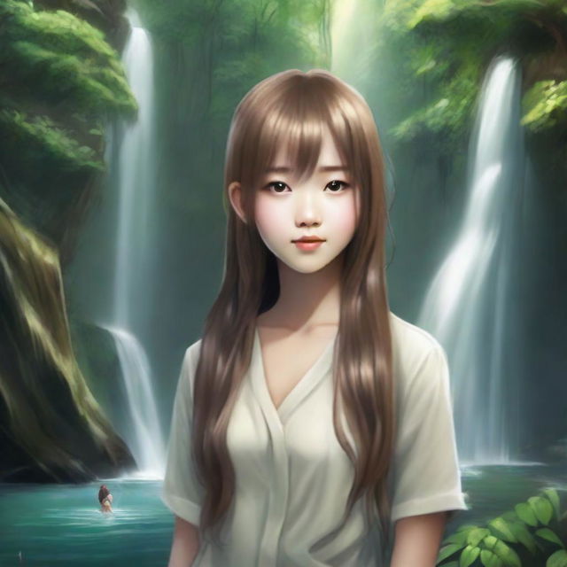 The same Asian girl, now with longer, slightly wavy light brown hair, situated inside a cascading waterfall within a verdant forest.