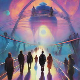 A vibrant scene depicting diverse individuals crossing a futuristic metal bridge, drawn towards a nebulous, distant planet. The people exude a mix of anticipation, fear, and excitement. Incorporate sensory details of wind rustling clothes, cool metal underfoot, and the ethereal glow of the planet.