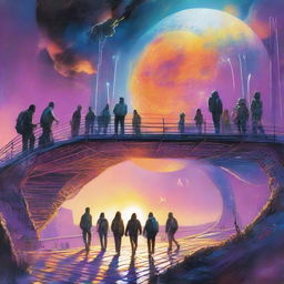 A vibrant scene depicting diverse individuals crossing a futuristic metal bridge, drawn towards a nebulous, distant planet. The people exude a mix of anticipation, fear, and excitement. Incorporate sensory details of wind rustling clothes, cool metal underfoot, and the ethereal glow of the planet.