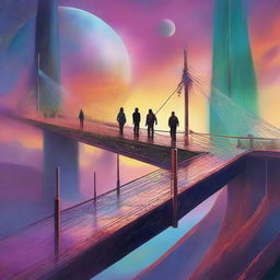 A vibrant scene depicting diverse individuals crossing a futuristic metal bridge, drawn towards a nebulous, distant planet. The people exude a mix of anticipation, fear, and excitement. Incorporate sensory details of wind rustling clothes, cool metal underfoot, and the ethereal glow of the planet.