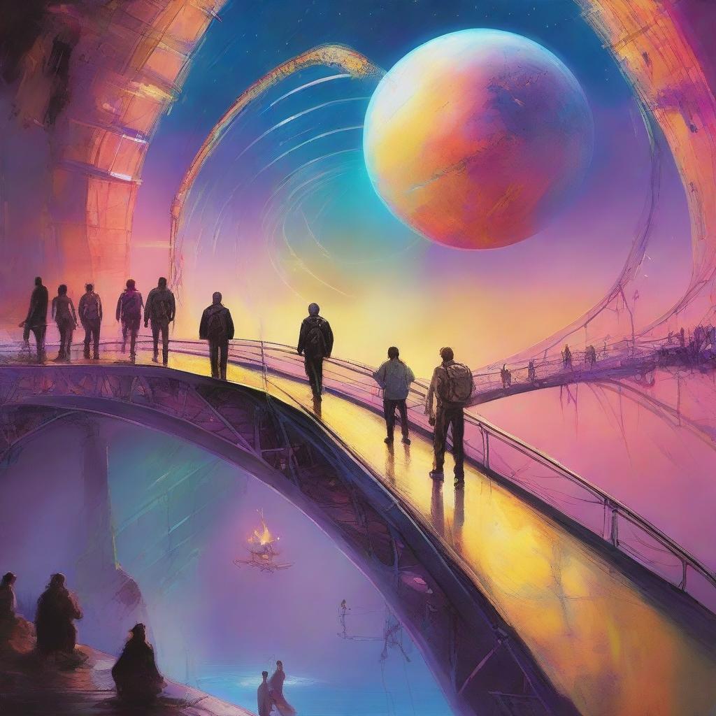 A vibrant scene depicting diverse individuals crossing a futuristic metal bridge, drawn towards a nebulous, distant planet. The people exude a mix of anticipation, fear, and excitement. Incorporate sensory details of wind rustling clothes, cool metal underfoot, and the ethereal glow of the planet.