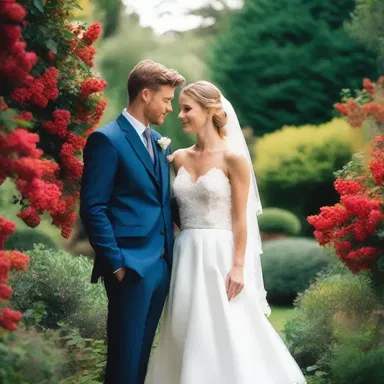 The couple wandered through the picturesque garden, gazing at the vibrant red-berries that adorned the surrounding bushes, further igniting their passionate love.