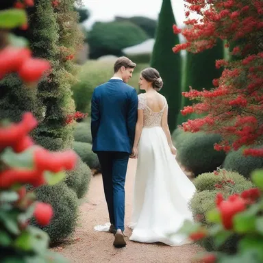 The couple wandered through the picturesque garden, gazing at the vibrant red-berries that adorned the surrounding bushes, further igniting their passionate love.