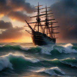 A Victorian era ship sinking off the coast amidst tumultuous ocean waves, reflected by an otherworldly vigorous sunset