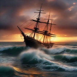 A Victorian era ship sinking off the coast amidst tumultuous ocean waves, reflected by an otherworldly vigorous sunset