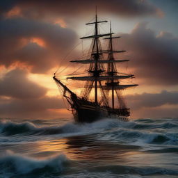 A Victorian era ship sinking off the coast amidst tumultuous ocean waves, reflected by an otherworldly vigorous sunset