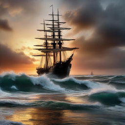 A Victorian era ship sinking off the coast amidst tumultuous ocean waves, reflected by an otherworldly vigorous sunset