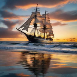 Half-sunk Victorian era ship situated farther away off the coast, beneath a sky with less clouds and a more vibrant, otherworldly sunset reflecting off tumultuous ocean waves