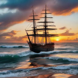 Half-sunk Victorian era ship situated farther away off the coast, beneath a sky with less clouds and a more vibrant, otherworldly sunset reflecting off tumultuous ocean waves