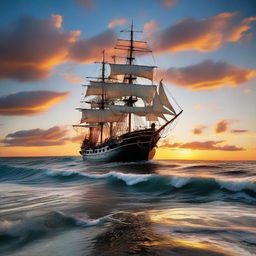 Half-sunk Victorian era ship situated farther away off the coast, beneath a sky with less clouds and a more vibrant, otherworldly sunset reflecting off tumultuous ocean waves