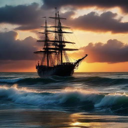 Victorian era ship sinking at the edge of the horizon, beneath a clear, vibrant and otherworldly sunset reflecting off tumultuous ocean waves.