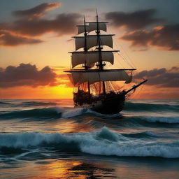 Victorian era ship sinking at the edge of the horizon, beneath a clear, vibrant and otherworldly sunset reflecting off tumultuous ocean waves.