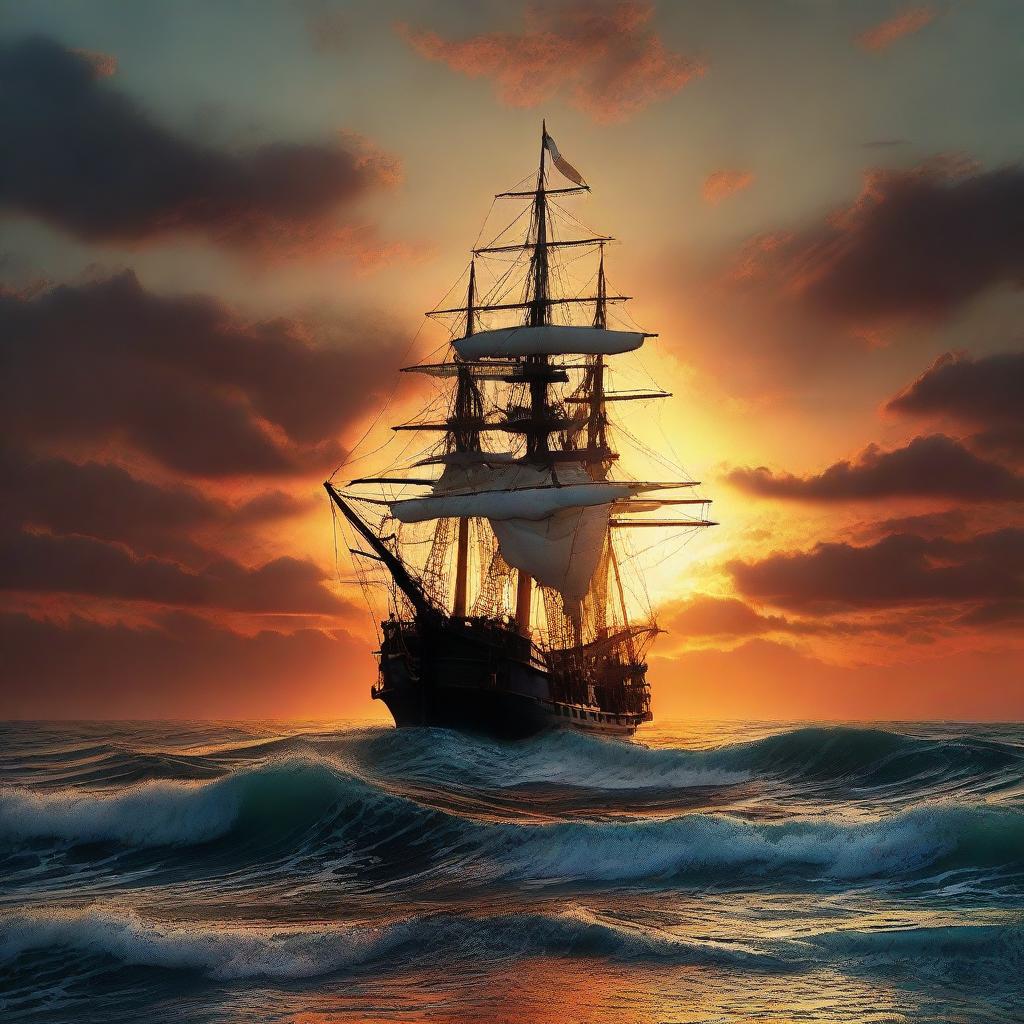 Victorian era ship sinking at the edge of the horizon, beneath a clear, vibrant and otherworldly sunset reflecting off tumultuous ocean waves.