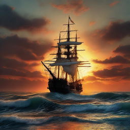 Victorian era ship sinking at the edge of the horizon, beneath a clear, vibrant and otherworldly sunset reflecting off tumultuous ocean waves.