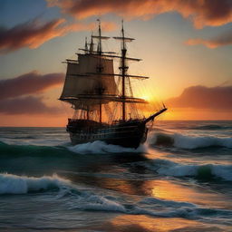 Victorian era ship sinking at the edge of the horizon, beneath a clear, vibrant and otherworldly sunset reflecting off tumultuous ocean waves.