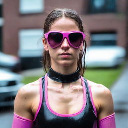 A girl with medium-sized brown eyes, nose, pink lips, braces, and shoulder-length brown hair. She has an athletic body shape, wears black sunglasses, and is decked out in a boxing suit, standing outside in the rain.