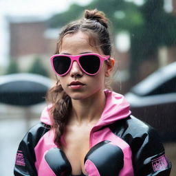 A girl with medium-sized brown eyes, nose, pink lips, braces, and shoulder-length brown hair. She has an athletic body shape, wears black sunglasses, and is decked out in a boxing suit, standing outside in the rain.