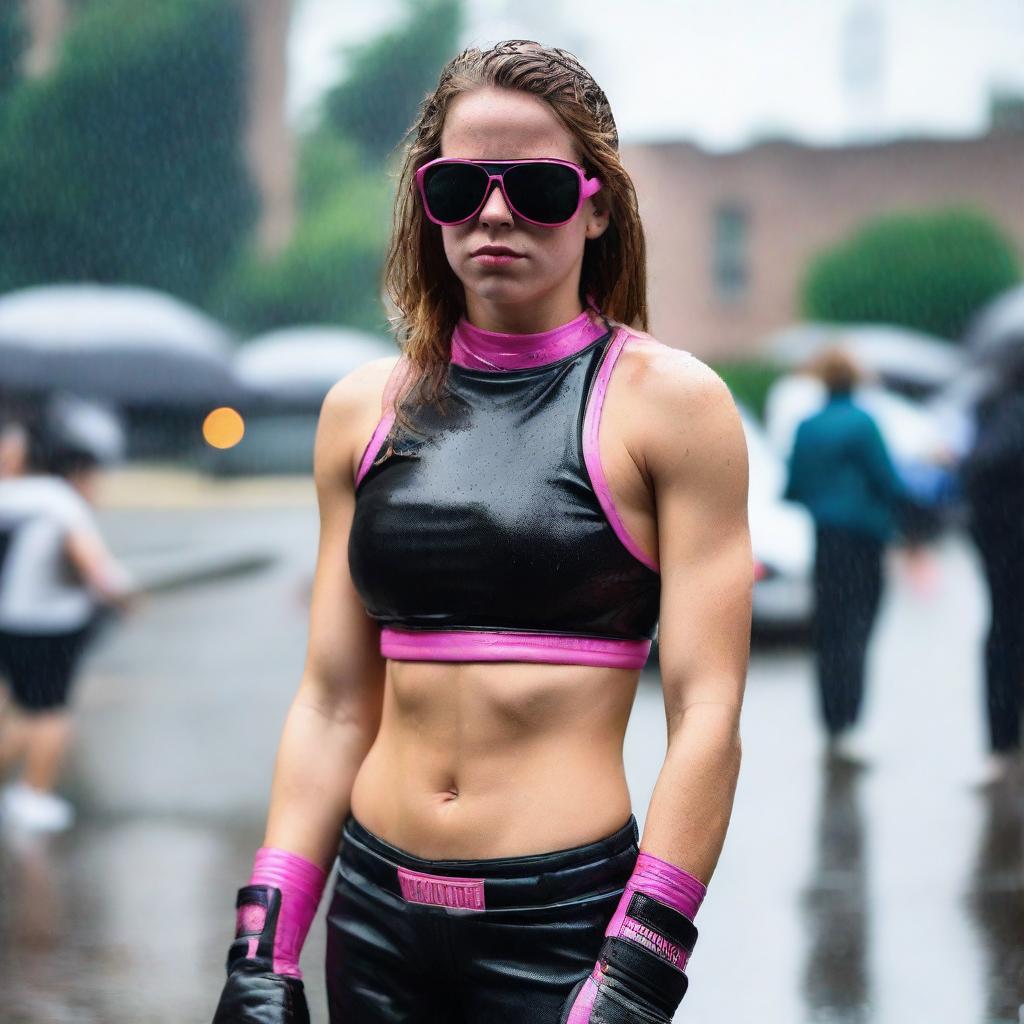 A girl with medium-sized brown eyes, nose, pink lips, braces, and shoulder-length brown hair. She has an athletic body shape, wears black sunglasses, and is decked out in a boxing suit, standing outside in the rain.