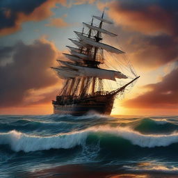 Victorian era ship sinking vertically into the tumultuous ocean waves at the edge of the horizon, beneath a vibrant and otherworldly sunset.