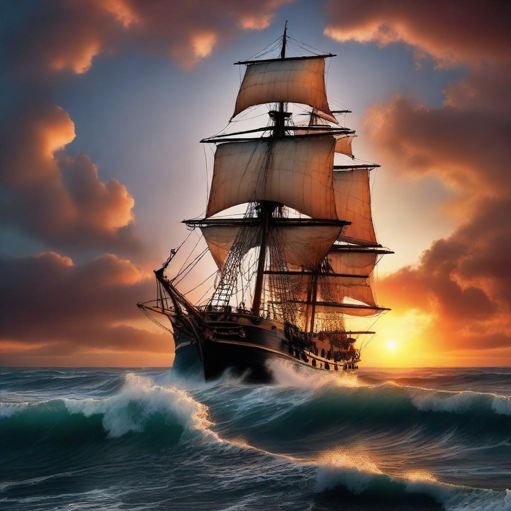 Victorian era ship sinking vertically into the tumultuous ocean waves at the edge of the horizon, beneath a vibrant and otherworldly sunset.