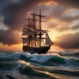 Victorian era ship sinking vertically into the tumultuous ocean waves at the edge of the horizon, beneath a vibrant and otherworldly sunset.