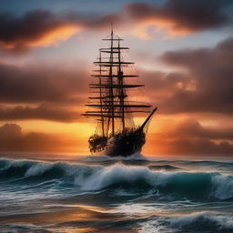 Victorian era ship sinking vertically into the tumultuous ocean waves at the edge of the horizon, beneath a vibrant and otherworldly sunset.