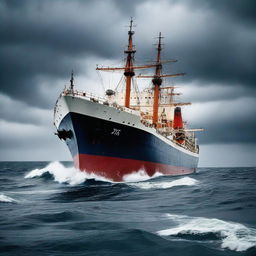 A large ship being engulfed by water, sinking vertically into the dark blue ocean under a stormy grey sky