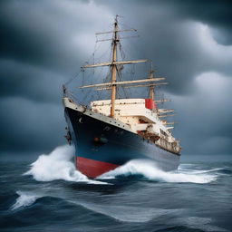 A large ship being engulfed by water, sinking vertically into the dark blue ocean under a stormy grey sky