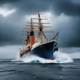 A large ship being engulfed by water, sinking vertically into the dark blue ocean under a stormy grey sky