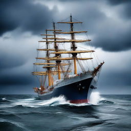 A large ship being engulfed by water, sinking vertically into the dark blue ocean under a stormy grey sky