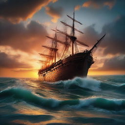 The rear end of a Victorian era ship sinking underwater like the Titanic against the backdrop of a vibrant, otherworldly sunset at the edge of the horizon amidst tumultuous ocean waves.