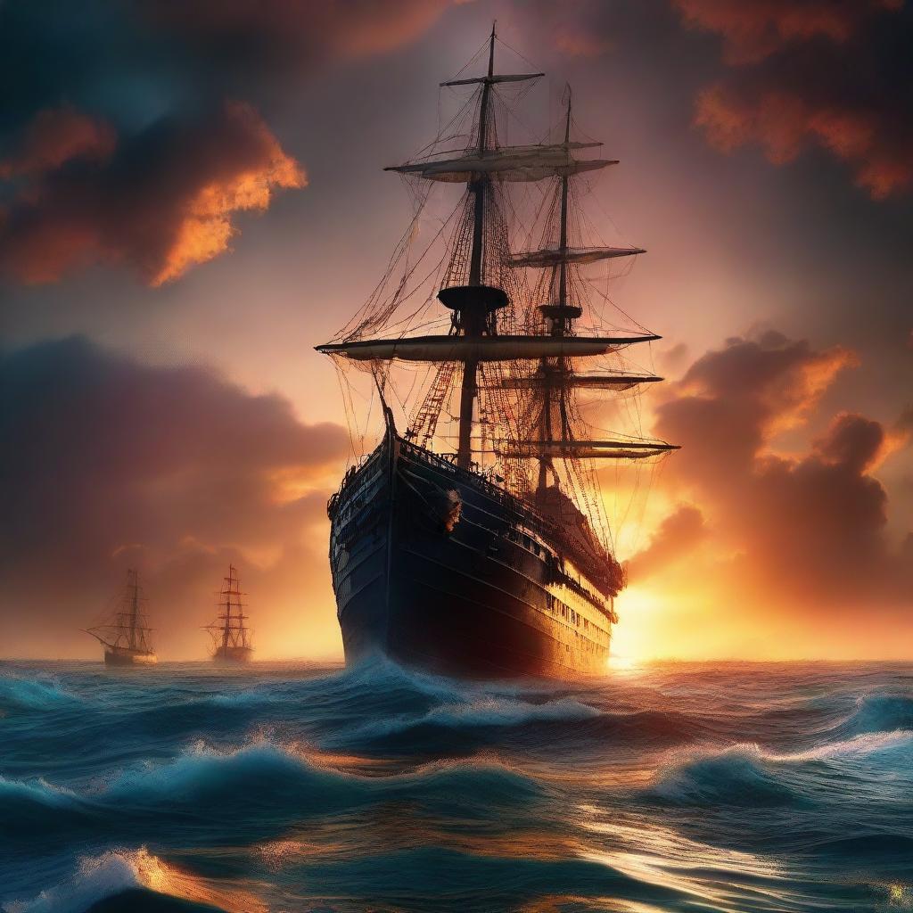 The rear end of a Victorian era ship sinking underwater like the Titanic against the backdrop of a vibrant, otherworldly sunset at the edge of the horizon amidst tumultuous ocean waves.