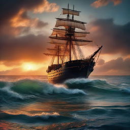 The rear end of a Victorian era ship sinking underwater like the Titanic against the backdrop of a vibrant, otherworldly sunset at the edge of the horizon amidst tumultuous ocean waves.