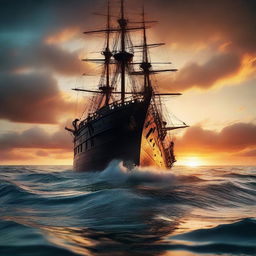 The rear end of a Victorian era ship sinking underwater like the Titanic against the backdrop of a vibrant, otherworldly sunset at the edge of the horizon amidst tumultuous ocean waves.