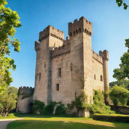 A majestic, ancient castle standing tall under a crisp, clear sky with vine-covered stone walls and towering spires