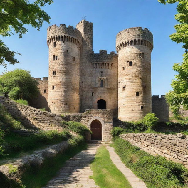 A majestic, ancient castle standing tall under a crisp, clear sky with vine-covered stone walls and towering spires