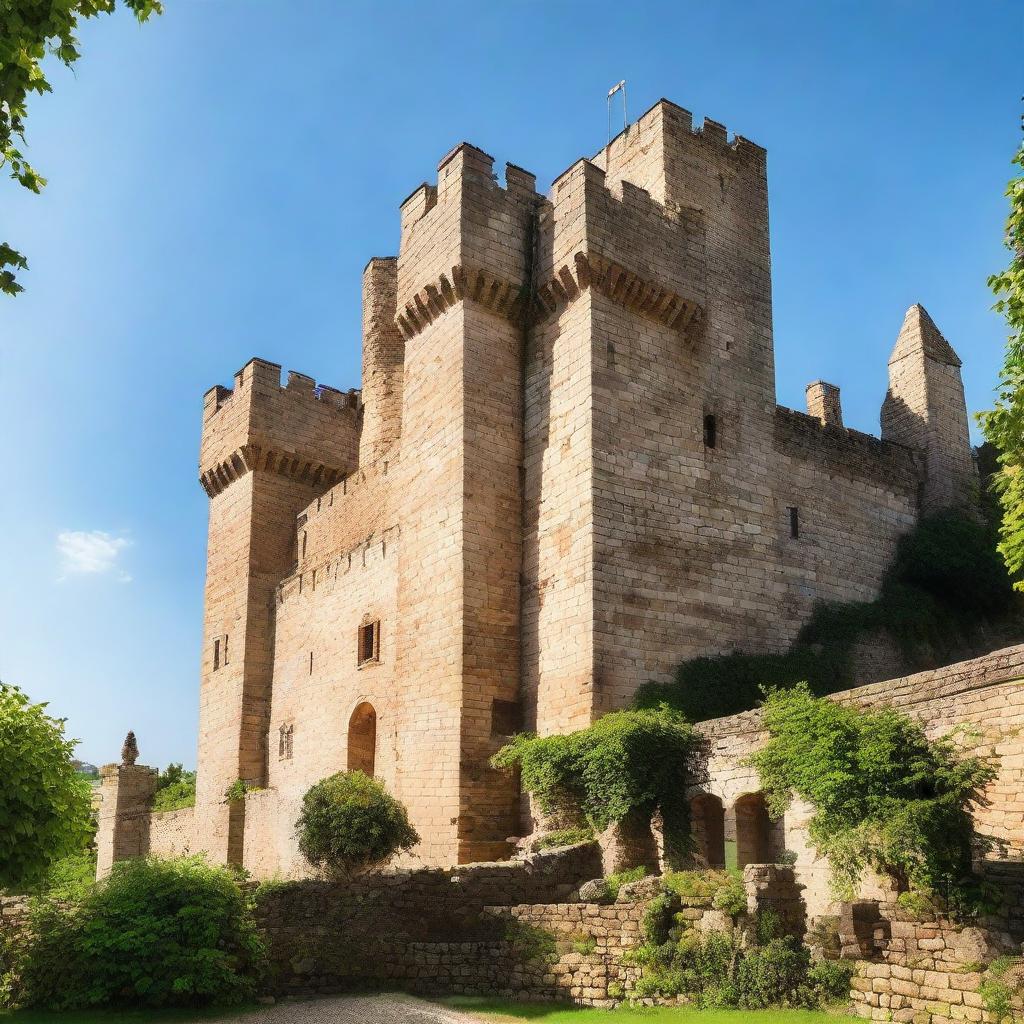 A majestic, ancient castle standing tall under a crisp, clear sky with vine-covered stone walls and towering spires