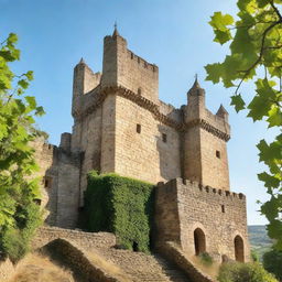 A majestic, ancient castle standing tall under a crisp, clear sky with vine-covered stone walls and towering spires