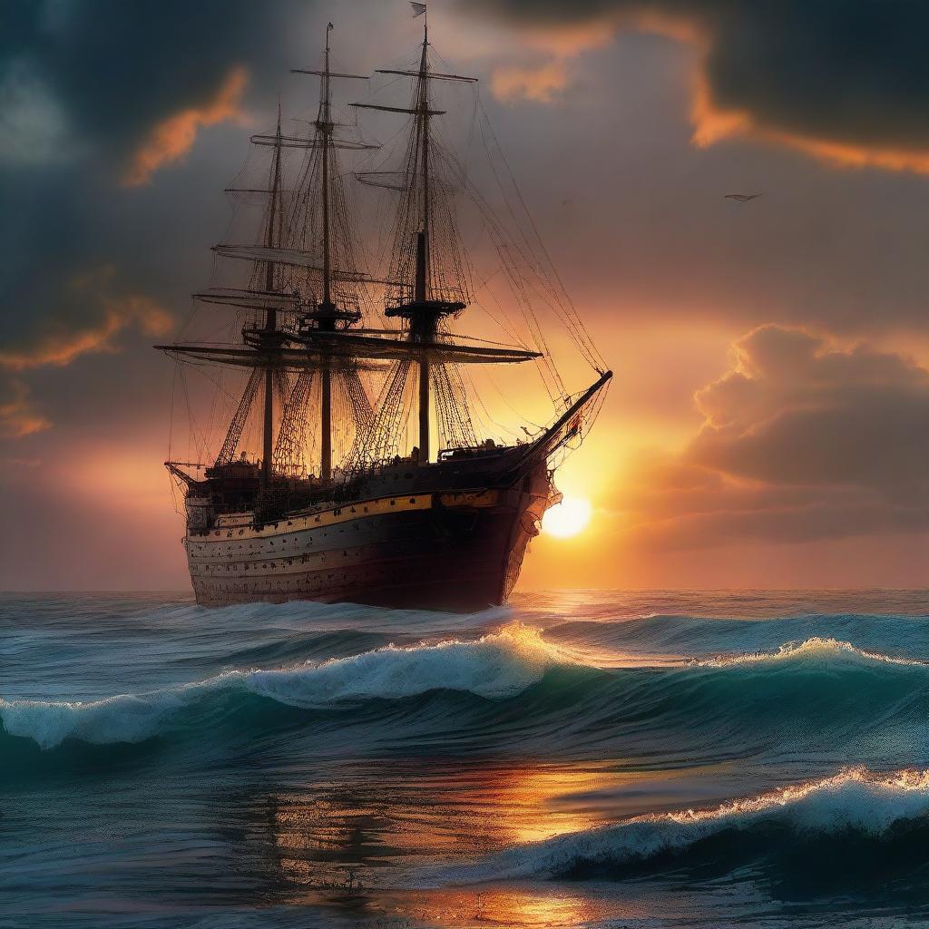 A Victorian era ship with a ripped hole, stern sinking underwater like the Titanic, set against a vibrant, otherworldly sunset on the bustling ocean waves at the horizon's edge.