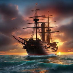 A Victorian era ship with a ripped hole, stern sinking underwater like the Titanic, set against a vibrant, otherworldly sunset on the bustling ocean waves at the horizon's edge.