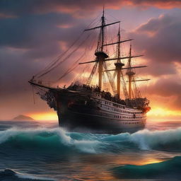 A Victorian era ship with a ripped hole, stern sinking underwater like the Titanic, set against a vibrant, otherworldly sunset on the bustling ocean waves at the horizon's edge.