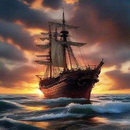 A Victorian era ship with a ripped hole, stern sinking underwater like the Titanic, set against a vibrant, otherworldly sunset on the bustling ocean waves at the horizon's edge.