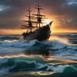 Fully submerged Victorian era ship with a ripped hole sinking into the tumultuous ocean waves under a vibrant, otherworldly sunset at the horizon's edge.