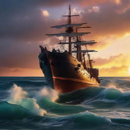 Fully submerged Victorian era ship with a ripped hole sinking into the tumultuous ocean waves under a vibrant, otherworldly sunset at the horizon's edge.