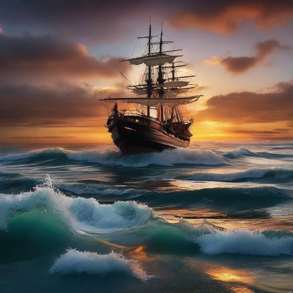 Fully submerged Victorian era ship with a ripped hole sinking into the tumultuous ocean waves under a vibrant, otherworldly sunset at the horizon's edge.