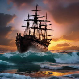 Fully submerged Victorian era ship with a ripped hole sinking into the tumultuous ocean waves under a vibrant, otherworldly sunset at the horizon's edge.