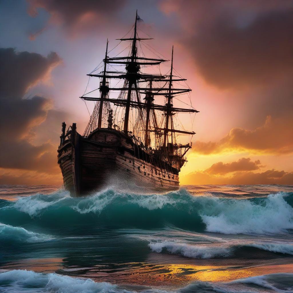 Fully submerged Victorian era ship with a ripped hole sinking into the tumultuous ocean waves under a vibrant, otherworldly sunset at the horizon's edge.