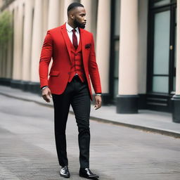 A sophisticated man dressed in a three-piece suit featuring a vibrant red coat and tie coupled with a black pant and shirt.